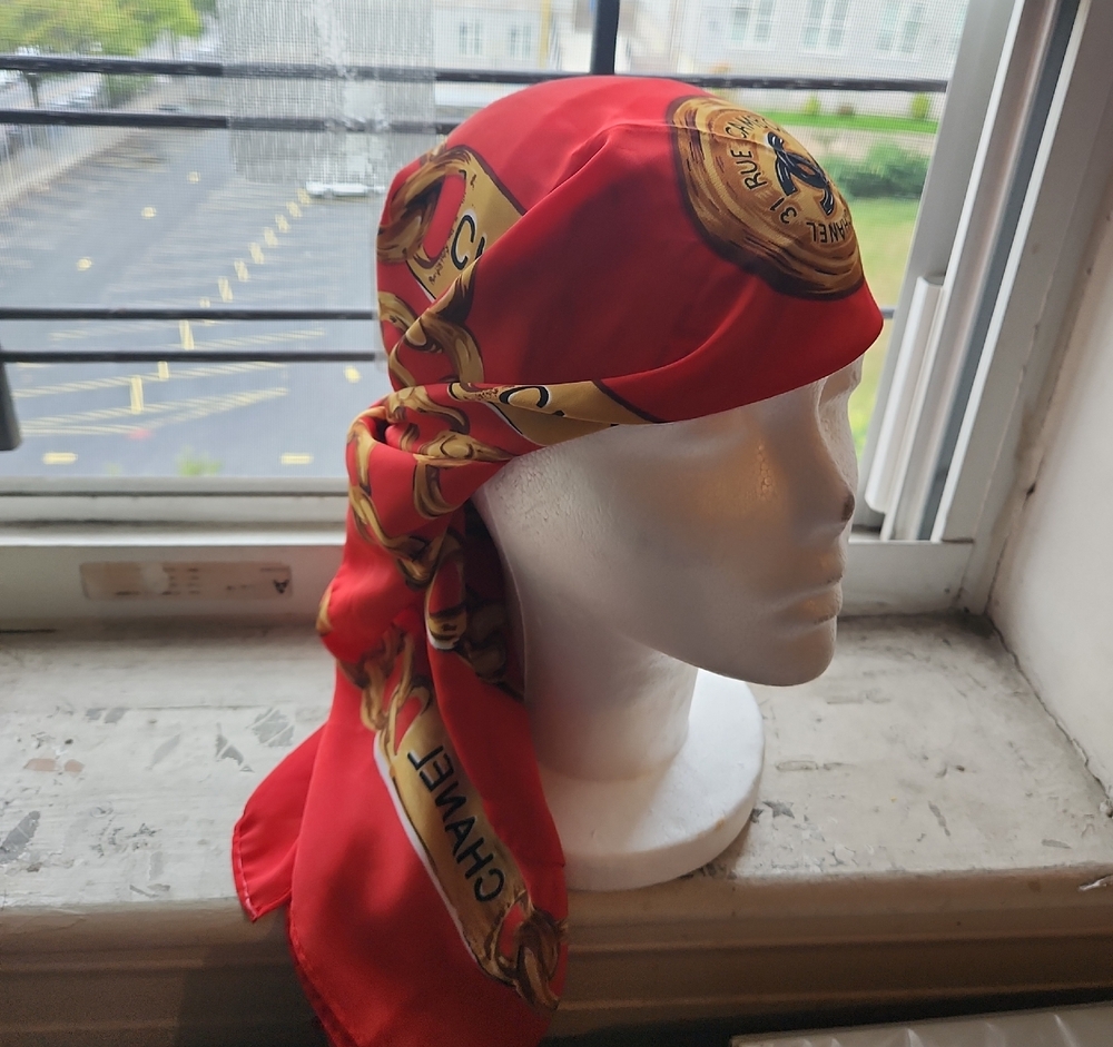 CHANEL Red Silk Scarf with Logo Print